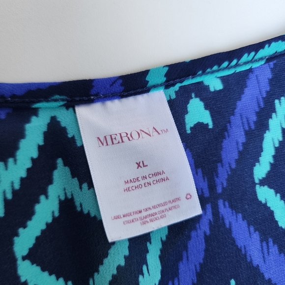 Merona Blue Green Geometric Print Swim Dress Cover-Up Elastic Waist Sheer XL - Picture 10 of 12